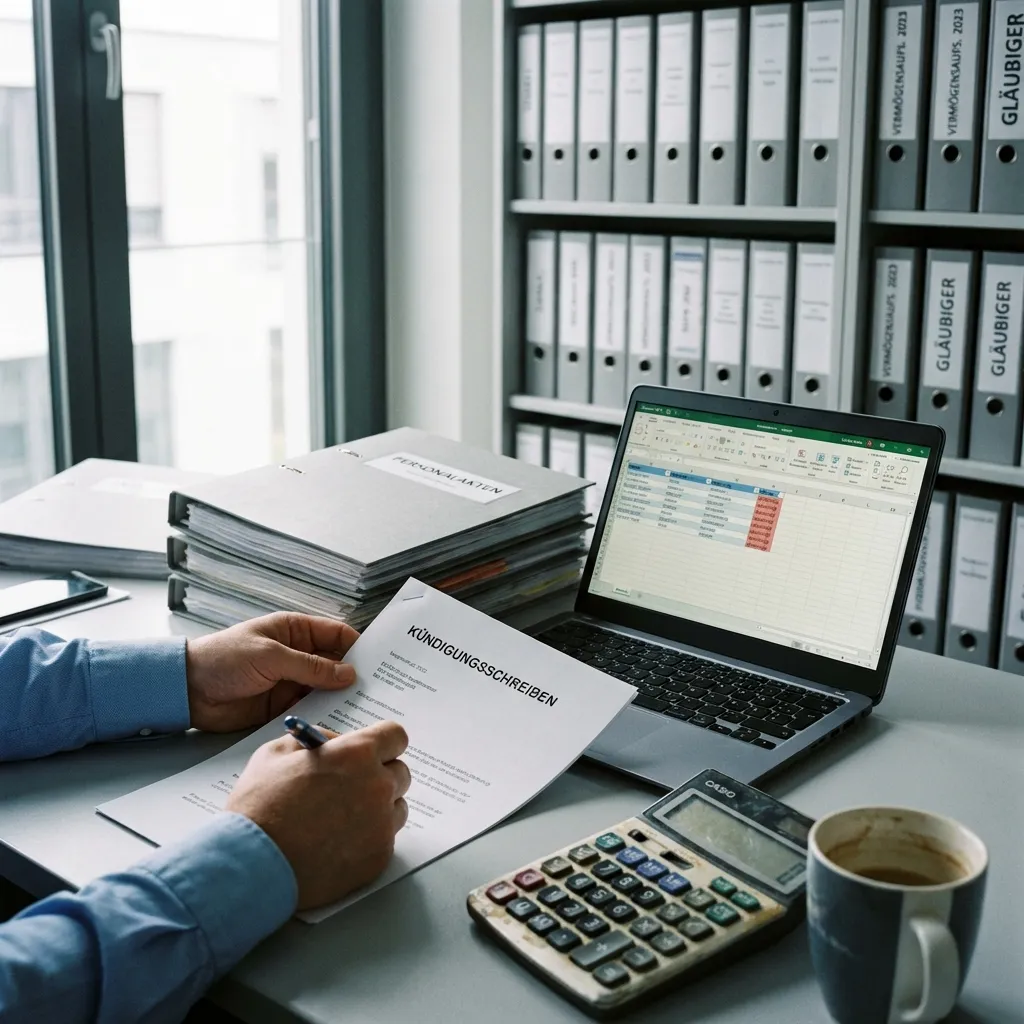 Insolvenzverwalter mit Kündigungsschreiben und Akten