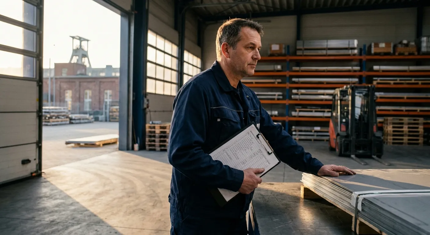 Beschäftigter im Wareneingang einer Industriehalle im Ruhrgebiet prüft eine Lieferliste