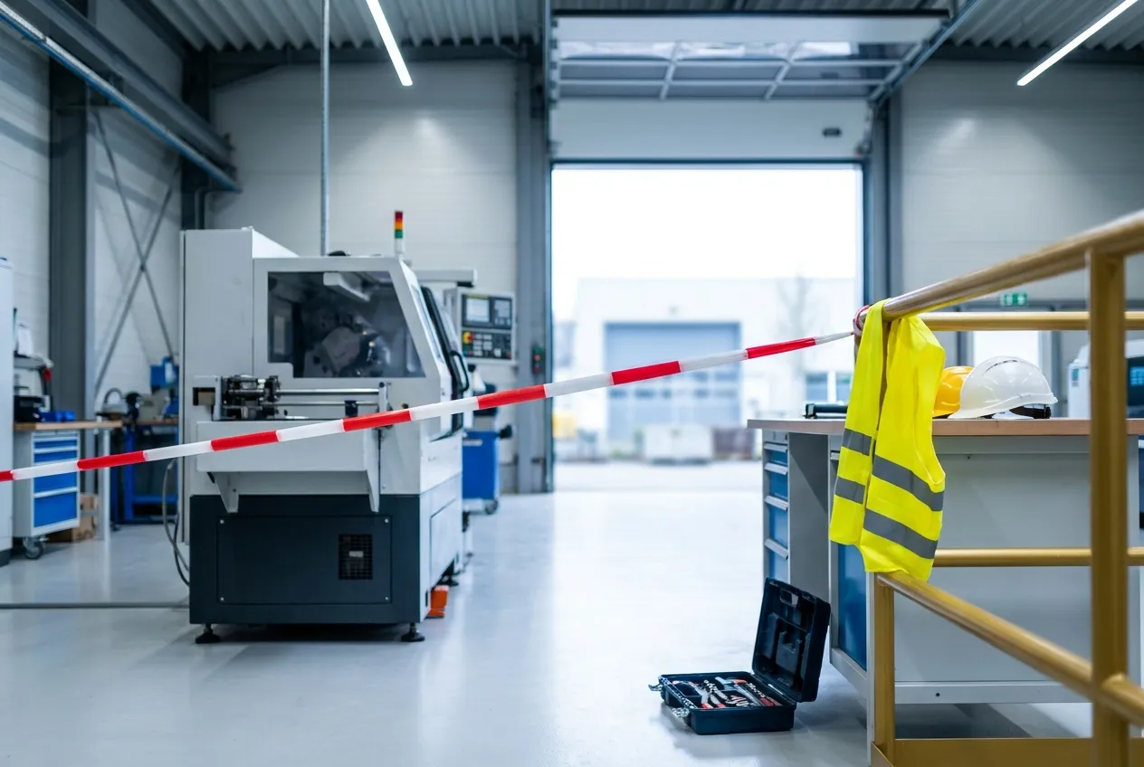 Absperrung und Warnweste in einer Produktionshalle nach einem Unfall