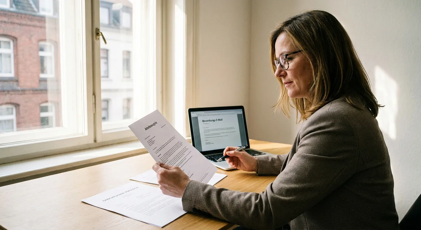 Frau prüft Arbeitszeugnis und Vergleichstext am Schreibtisch