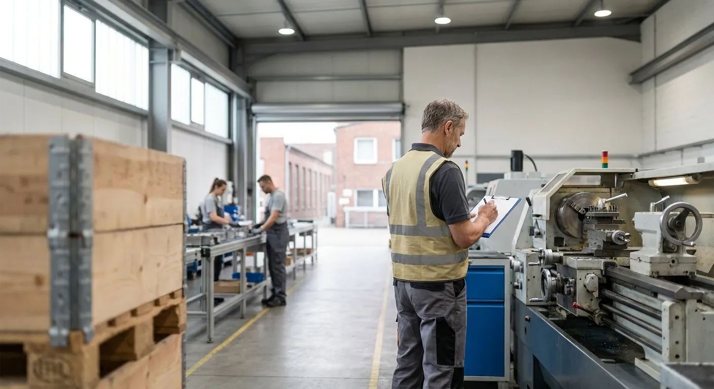 Blick in eine Produktionshalle, im Vordergrund ein Vorarbeiter mit Klemmbrett vor laufenden Maschinen