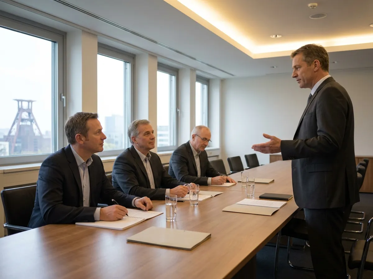 Mitglieder eines Beirats am Konferenztisch mit aufgeschlagenen Unterlagen im Gespräch mit einem Rechtsanwalt