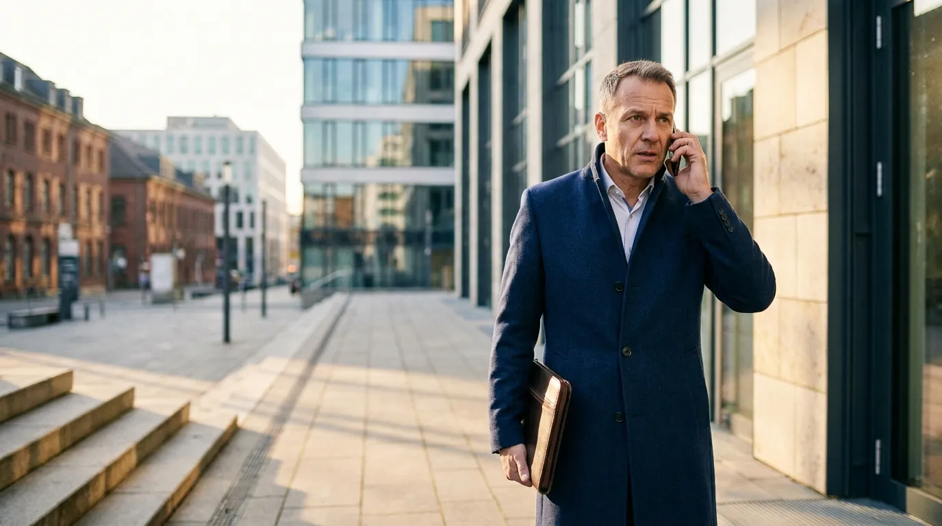 Geschäftsmann mittleren Alters verlässt telefonierend mit Unterlagenmappe ein Gerichtsgebäude im warmen Nachmittagslicht