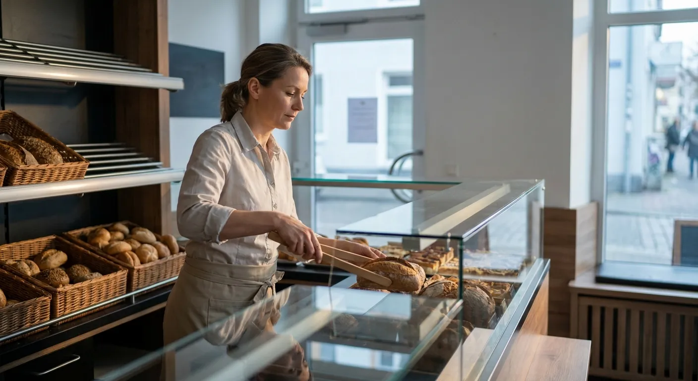 Bäckereiverkäuferin räumt am frühen Morgen Brotlaibe in die Auslage einer kleinen Filiale