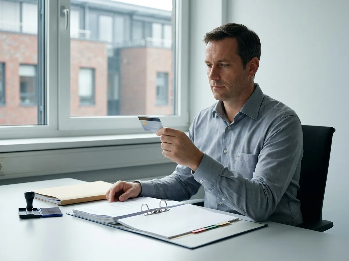 Personalverantwortlicher prüft an einem Schreibtisch den Aufenthaltstitel eines Bewerbers neben einer geöffneten Personalakte
