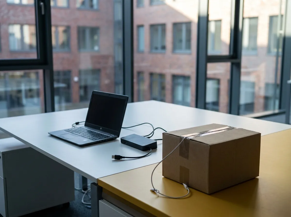 Verschlossener Asservatenkarton mit Kabeln und einem aufgeklappten Notebook auf einem leeren Schreibtisch
