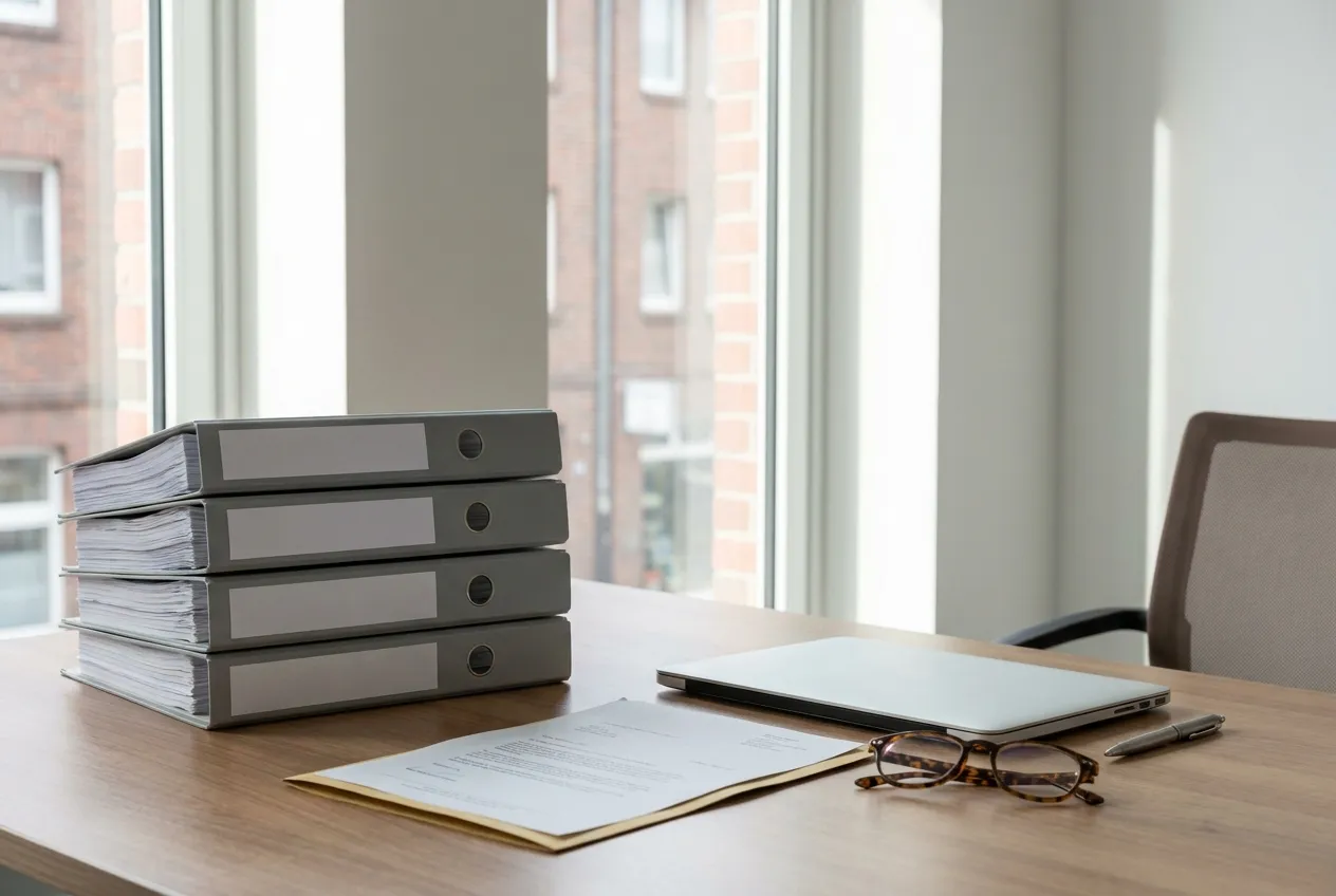 Aufgeräumter Arbeitsplatz mit gestapelten Aktenordnern, Laptop und einem aufgeschlagenen Behördenschreiben