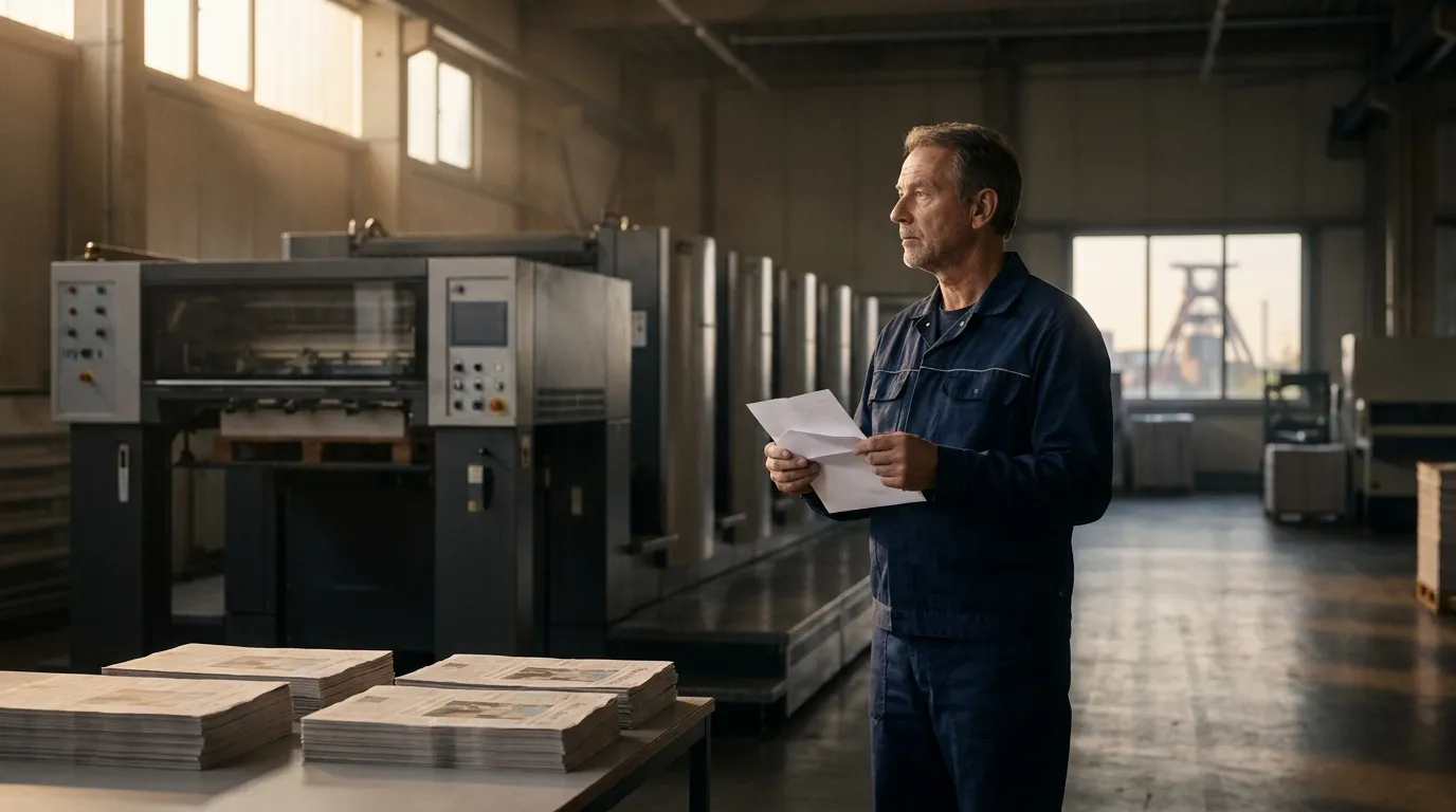 Drucker in Arbeitskleidung steht nachdenklich vor stillgelegter Druckmaschine in einer Industriehalle