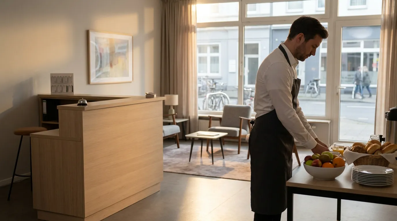 Hoteleingang mit Empfangstresen im Hintergrund, ein Mitarbeiter Anfang 30 stellt eine Frühstücksschale bereit