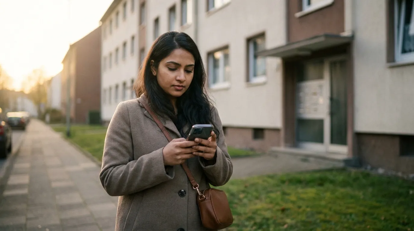 Junge Frau steht mit dem Smartphone vor einem Mehrfamilienhaus und sucht eine Wohnung
