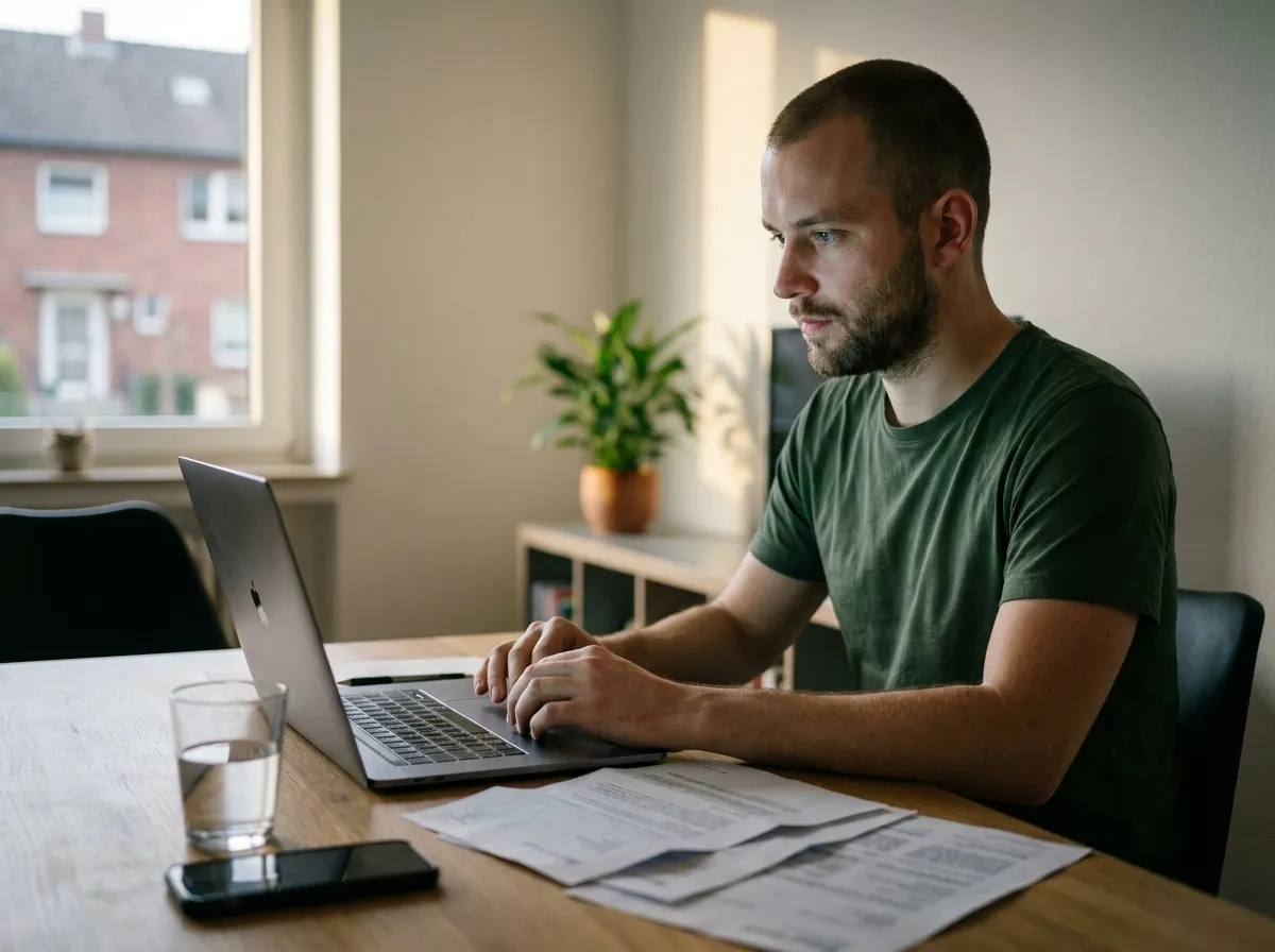 Mann Ende zwanzig am Schreibtisch zu Hause vor dem Laptop, daneben geöffnete Briefe und eine ausgedruckte Selbstauskunft