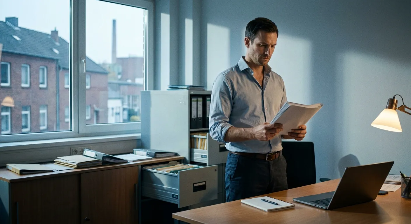 Geschäftsführer steht in seinem Büro und liest einen behördlichen Beschluss, während im Hintergrund Aktenordner geöffnet sind