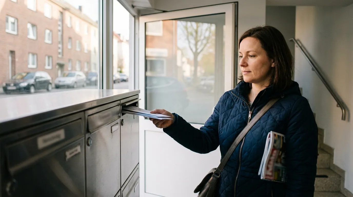 Frau Ende 30 nimmt vor der Briefkastenanlage im Hauseingang eines Mehrfamilienhauses ihre Post heraus