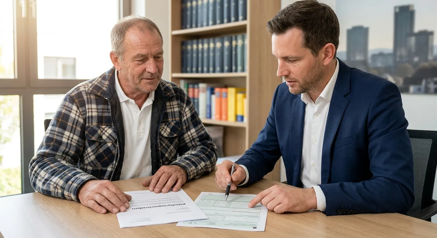 Maschineneinrichter im Beratungsgespräch mit Anwalt über Kündigungsschreiben und Massenentlassungsanzeige