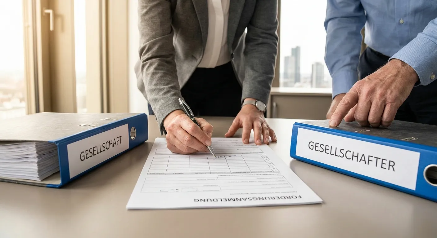 Zwei Fachleute besprechen Tabellenunterlagen zur Forderungsanmeldung in einem Besprechungsraum