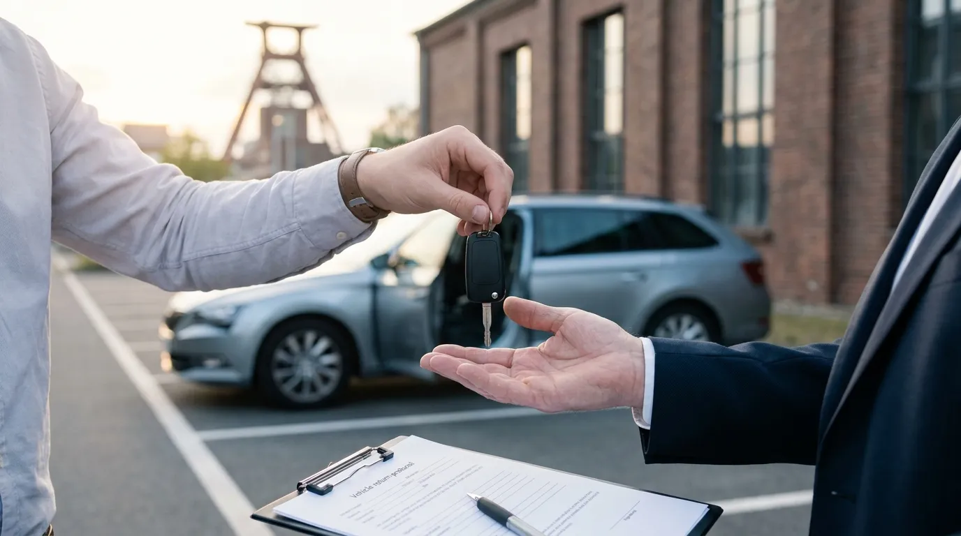 Übergabe eines Autoschlüssels über einer Rückgabeliste auf einem Firmenparkplatz, Detailaufnahme der Hände