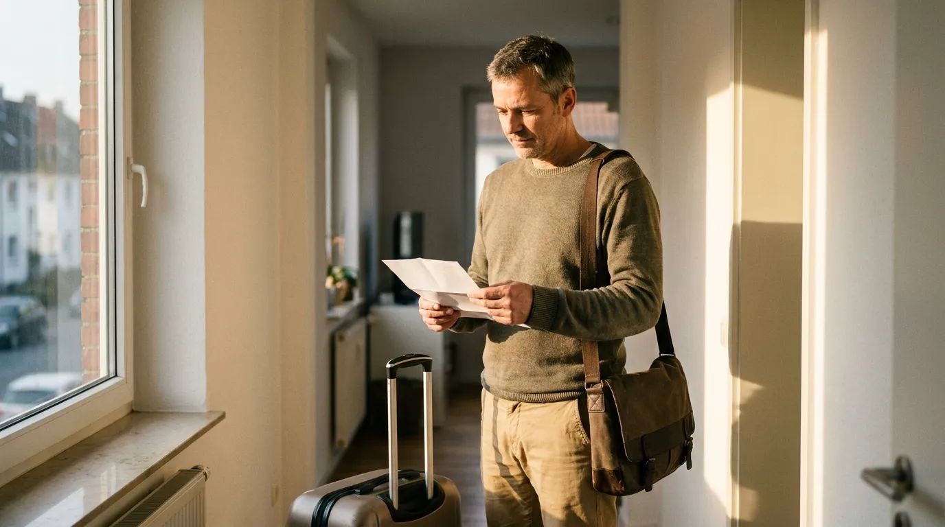 Arbeitnehmer kehrt mit Reisetasche aus dem Urlaub zurück und hält ein Schreiben in der Hand
