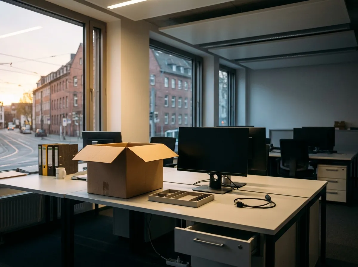 Leergeräumter Arbeitsplatz in einem Großraumbüro am Abend mit dunklem Monitor und einem Umzugskarton auf dem Schreibtisch