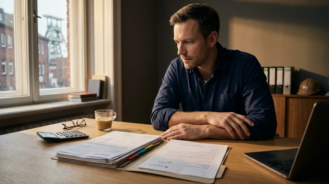 Unternehmer sichtet am Schreibtisch offene Forderungen und ein Gerichtsschreiben zur Anfechtungsklage