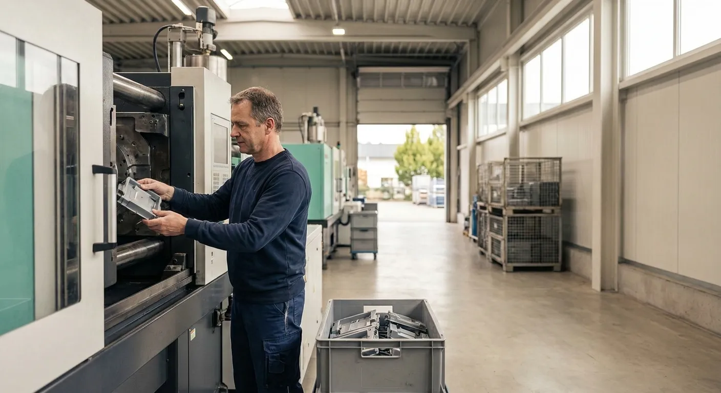 Facharbeiter in Arbeitskleidung an einer Spritzgießmaschine in einer hellen Kunststoffproduktion, im Vordergrund fertige Formteile in einer Transportkiste