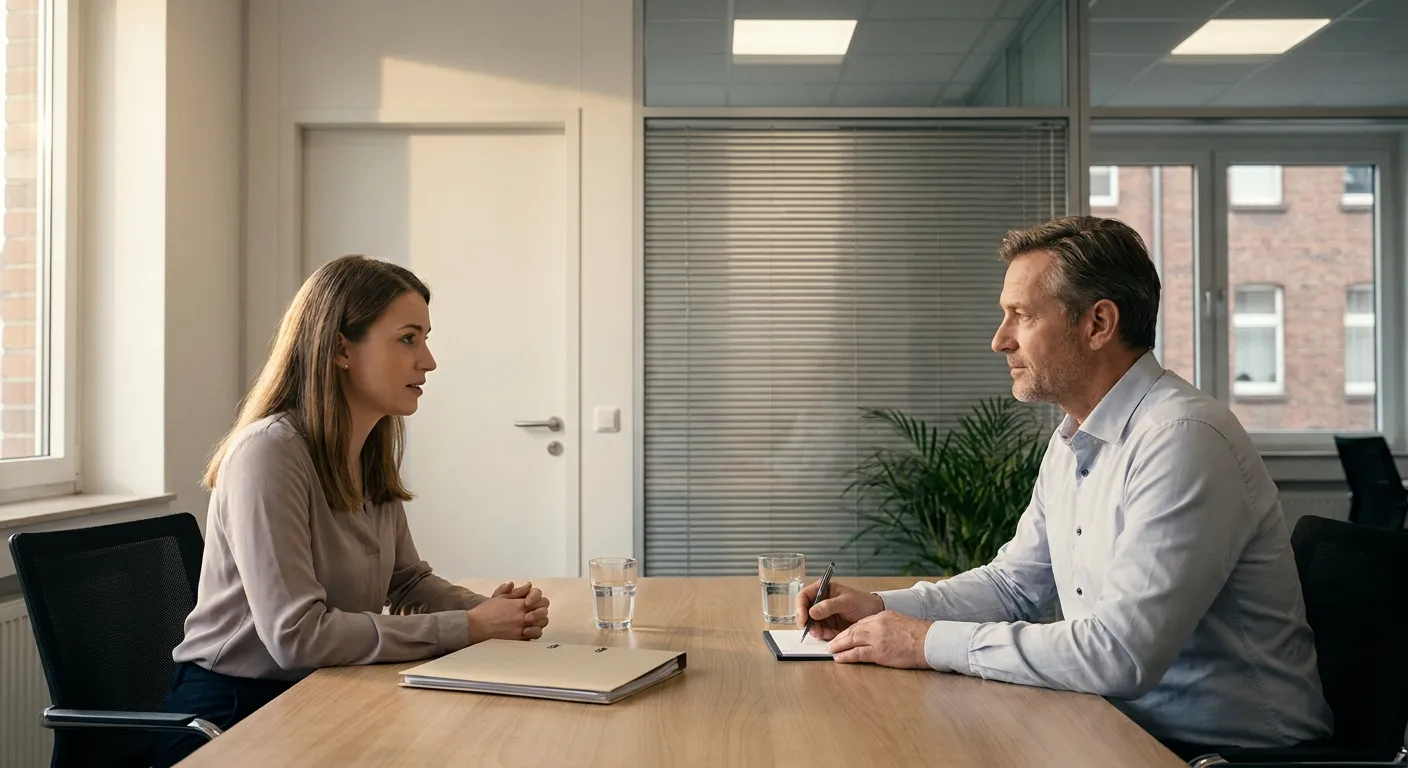 Zwei Personen sitzen in einem Besprechungsraum einander gegenüber und sprechen über Unterlagen
