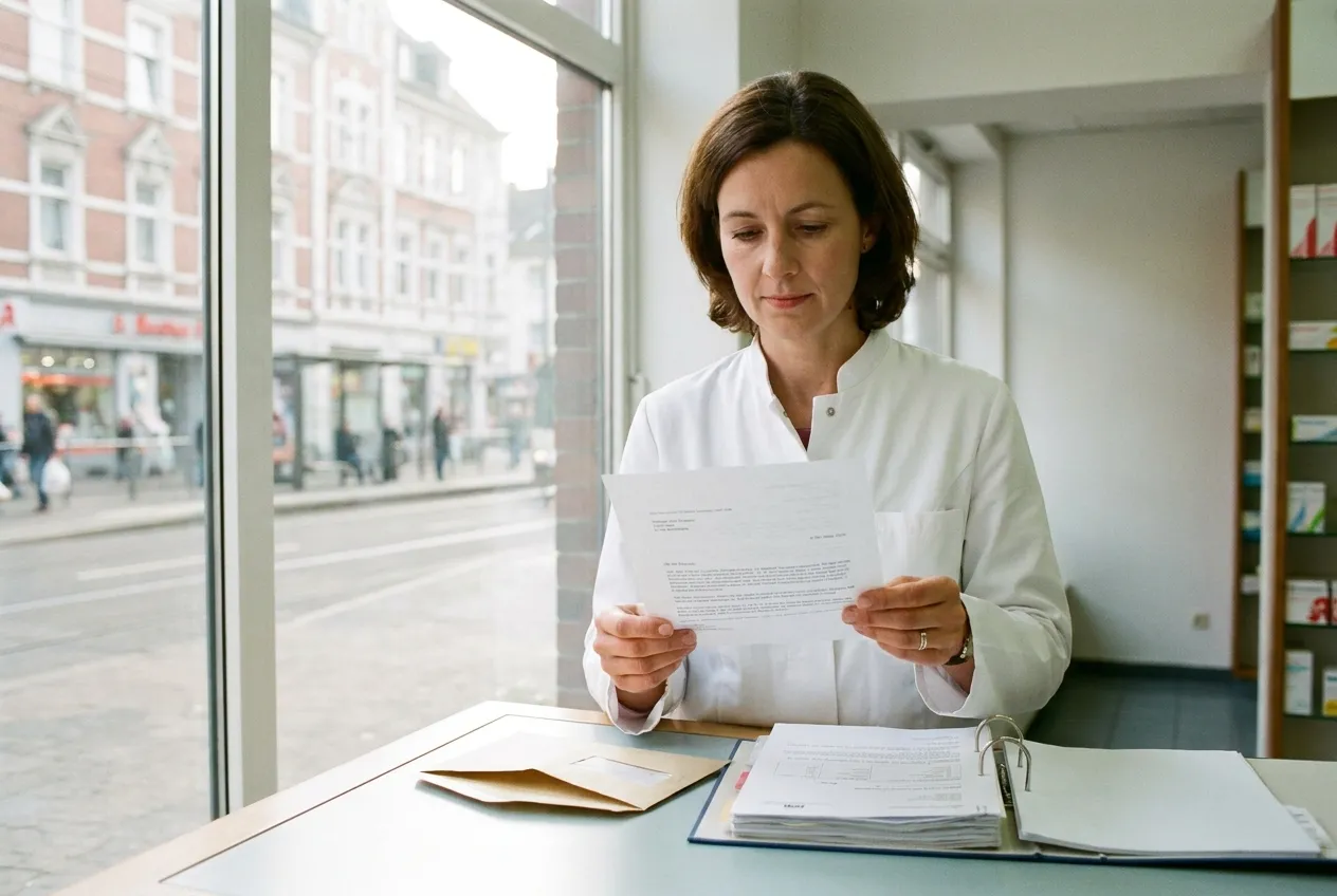 Inhaberin eines kleinen Betriebs steht am Tresen und liest ein Anwaltsschreiben, im Hintergrund unscharf eine Geschäftsstraße