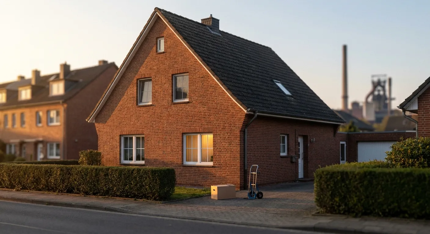 Eigenheim mit Vorgarten an einer Wohnstraße im Ruhrgebiet als Sinnbild für die drohende Räumung in der Insolvenz