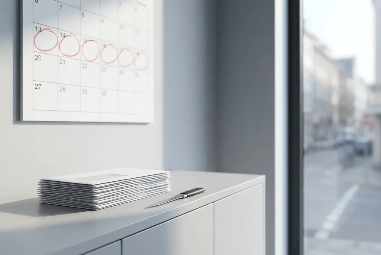 Wandkalender mit markierten Tagen neben einem Stapel unbezahlter Rechnungen