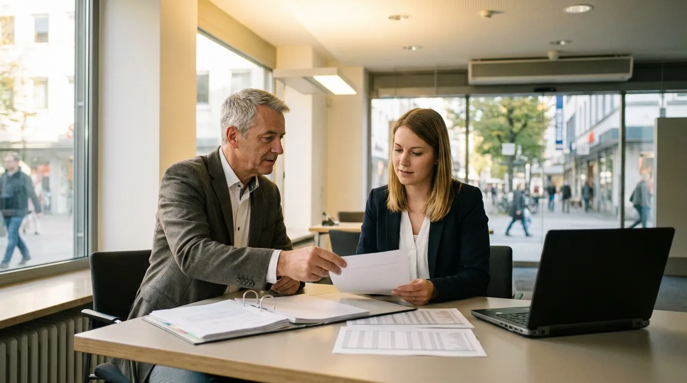 Unternehmer Ende fünfzig sitzt einer Bankmitarbeiterin Anfang dreißig gegenüber, zwischen ihnen aufgeschlagene Unterlagen
