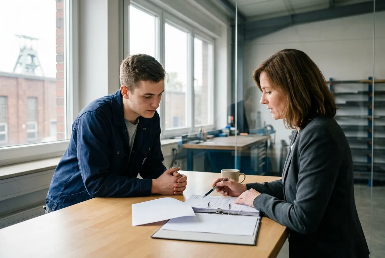 Junger Auszubildender in Arbeitskleidung im Beratungsgespräch über die Kündigung seines Ausbildungsverhältnisses