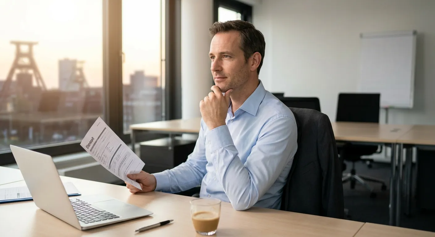 Nachdenkliche Führungskraft am Schreibtisch mit Unterlagen zur Elternzeit in modernem Büro