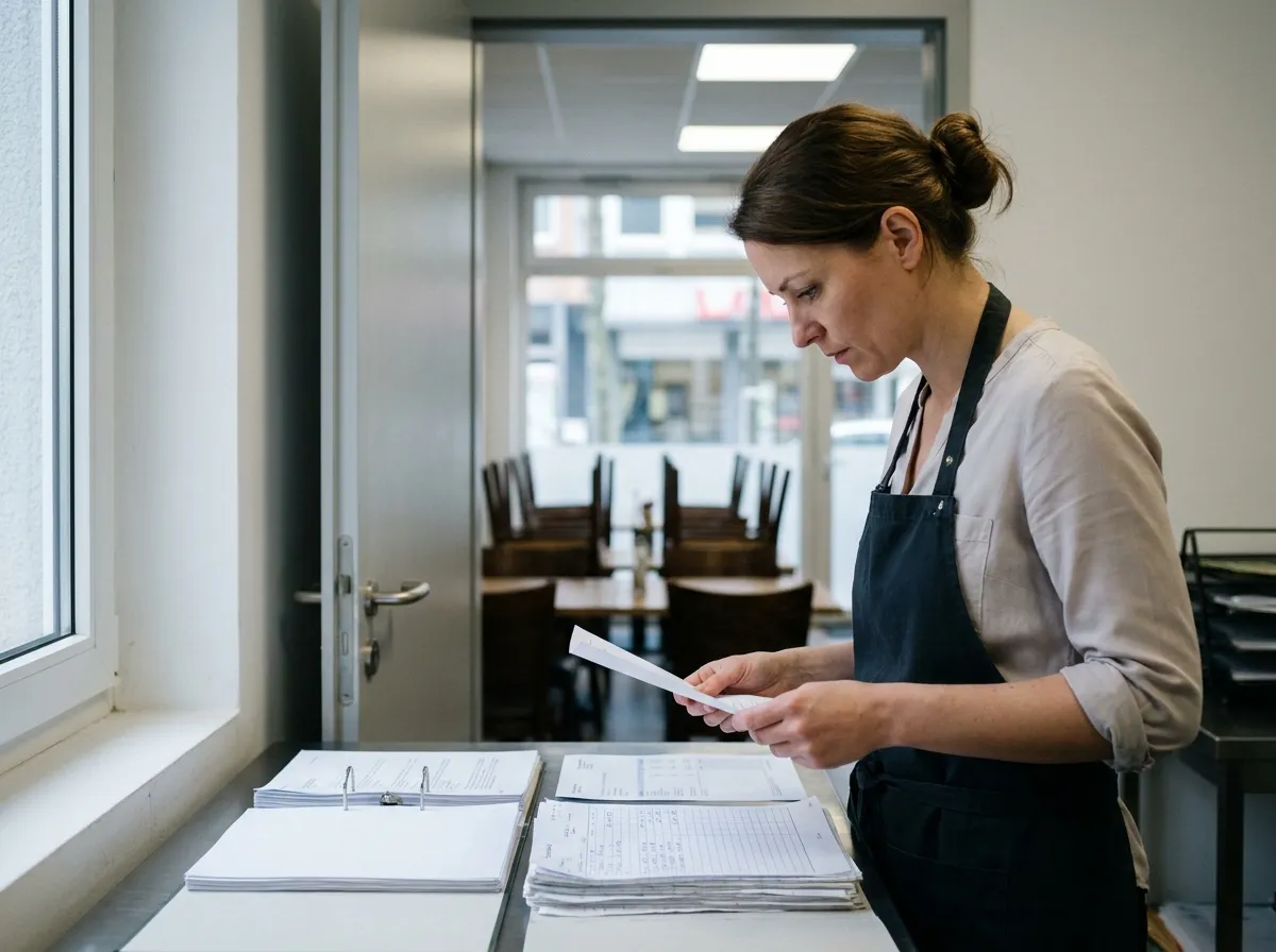 Frau Ende dreißig prüft in einem Gastronomiebüro Stundenzettel und Lohnabrechnungen nebeneinander