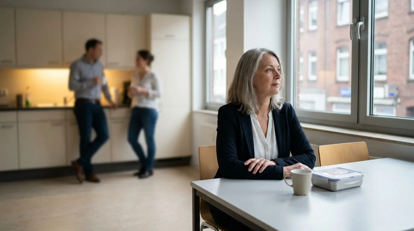 Frau Ende 50 sitzt allein in einer Büroküche am Tisch, im Hintergrund unterhalten sich unscharf zwei Kolleginnen