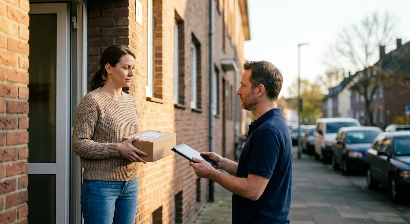Paketzustellung an der Haustür eines Mehrfamilienhauses, Person nimmt eine Sendung entgegen