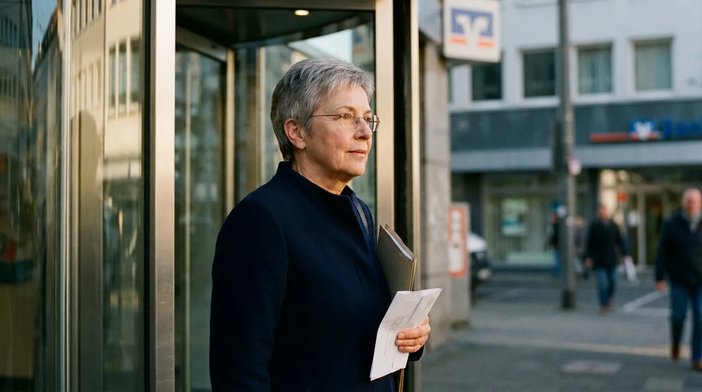 Frau Anfang 60 verlässt nachdenklich mit Unterlagenmappe eine Bankfiliale, warmes Nachmittagslicht