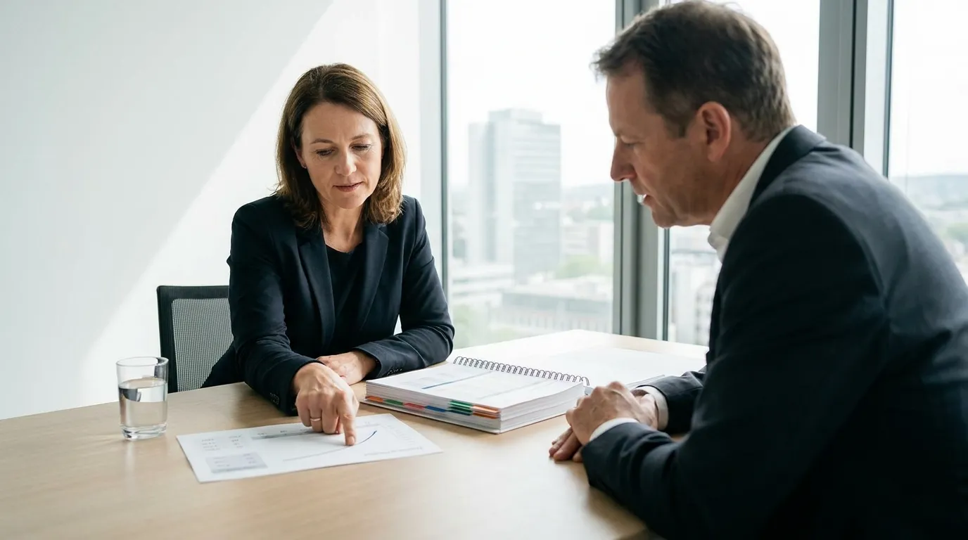 Geschäftsführerin und Anwalt am Besprechungstisch über einer Liquiditätsplanung und einem gebundenen Gutachten