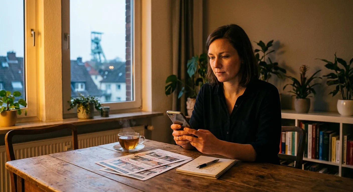 Mieterin liest Nachricht des Vermieters auf dem Smartphone am Küchentisch