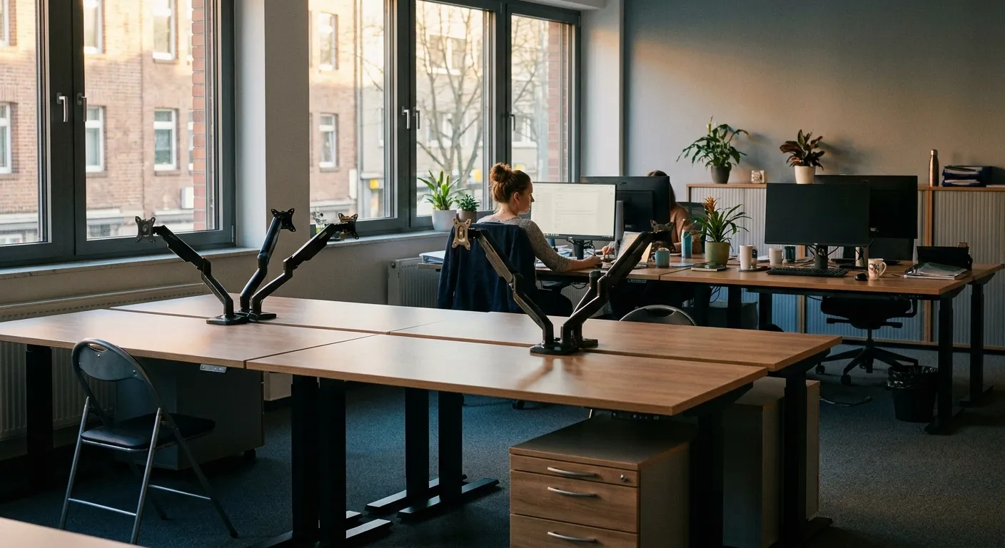 Teilweise leergeräumtes Großraumbüro mit verwaisten Arbeitsplätzen und einzelnen noch besetzten Schreibtischen