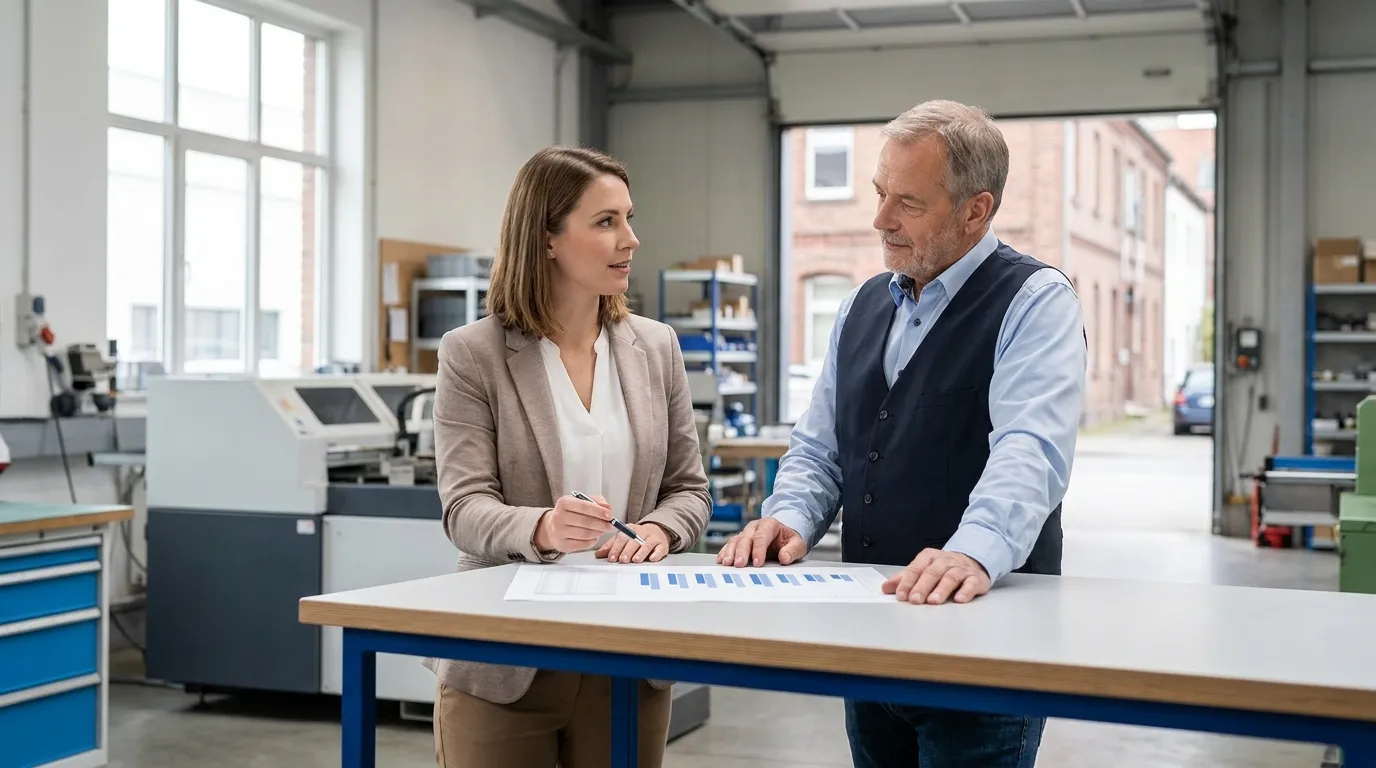 Zwei Personen stehen an einem Stehtisch in einer Werkshalle und besprechen eine ausgedruckte Liquiditätsübersicht