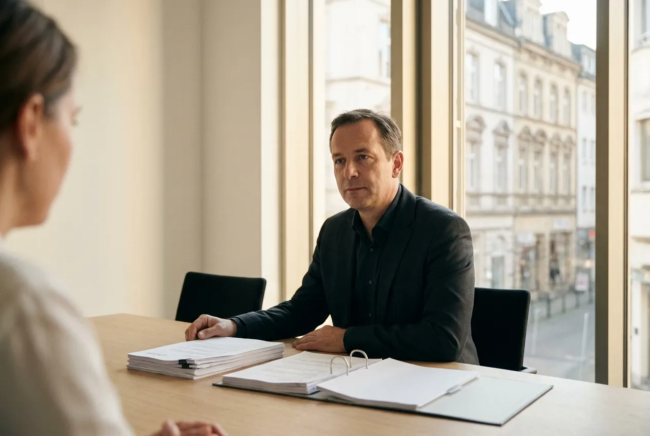Unternehmer sitzt mit Steuerunterlagen an einem Besprechungstisch und hört zu