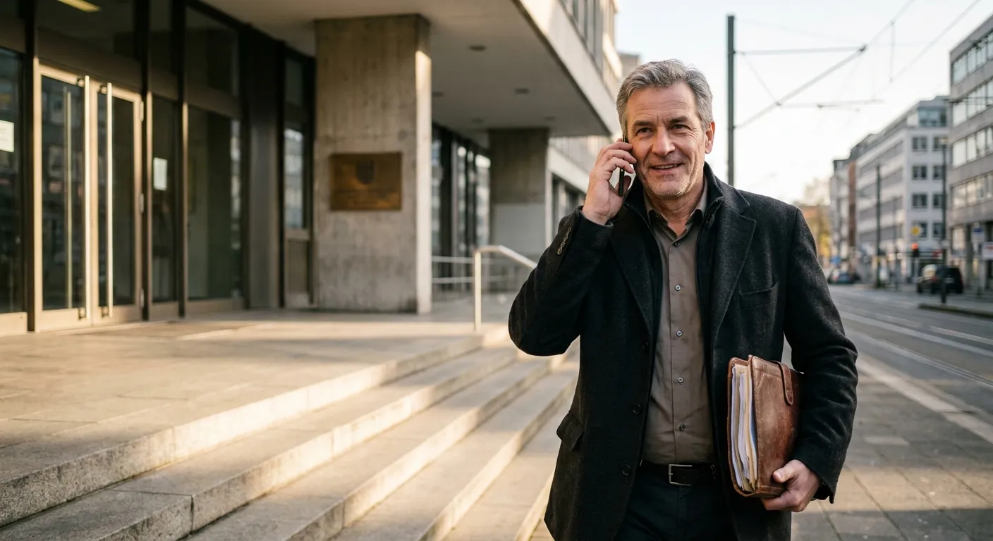 Mann Ende 50 verlässt mit Antragsunterlagen das Insolvenzgericht und telefoniert zuversichtlich