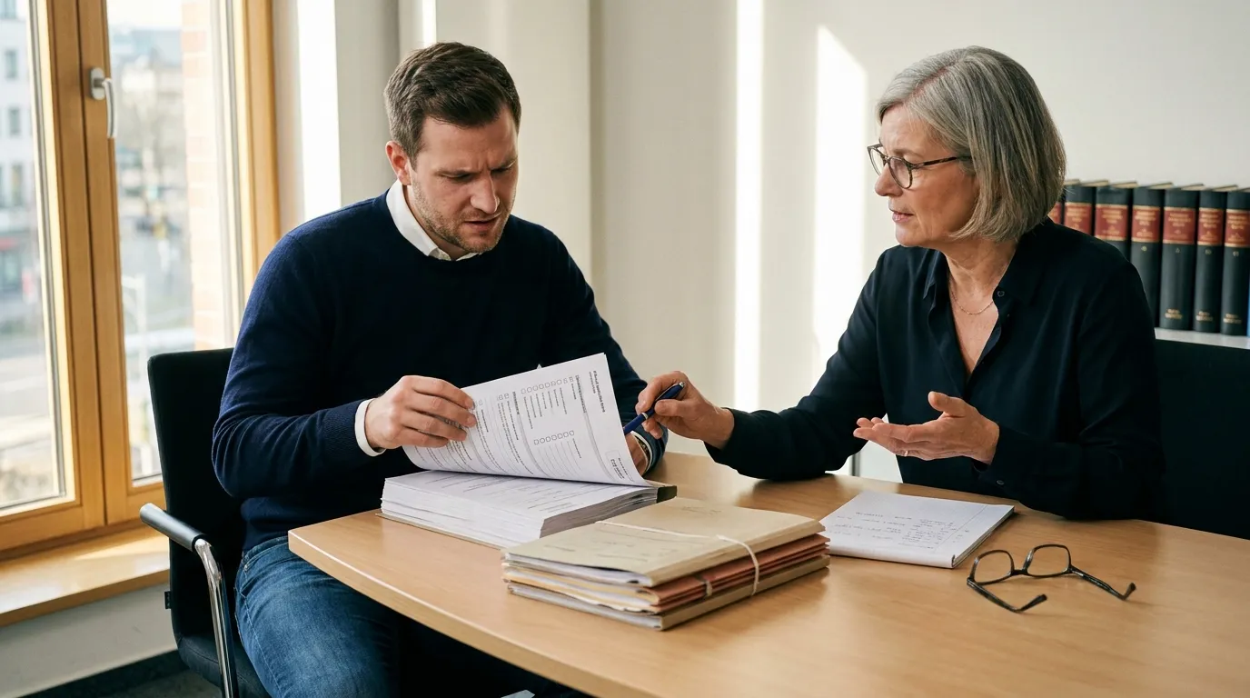 Beratungsgespräch zwischen Schuldner und Rechtsanwalt über Insolvenzantragsformulare