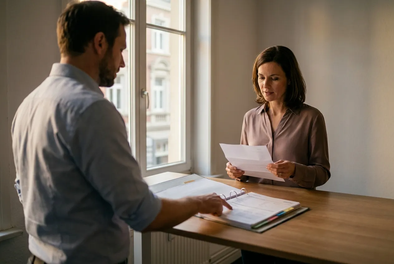 Unternehmerin und Anwalt prüfen gemeinsam einen Förderbescheid und die dazugehörigen Antragsunterlagen am Besprechungstisch