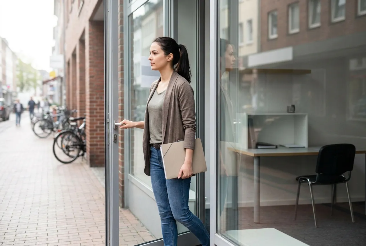 Junge Gründerin Ende zwanzig verlässt mit einem Aktenordner ihr kleines Ladenbüro an einer Geschäftsstraße