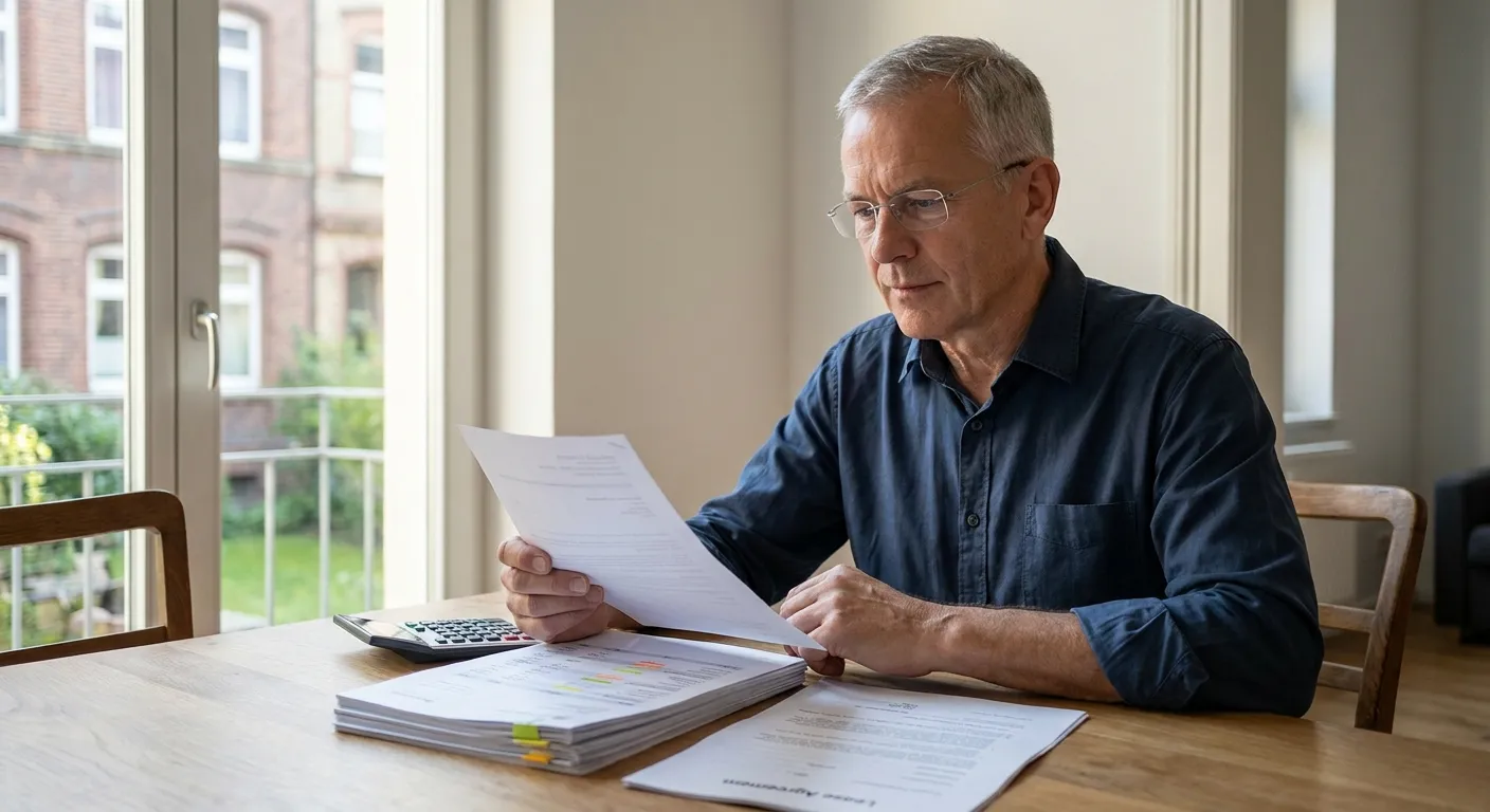 Vermieter prüft am Schreibtisch ein Anfechtungsschreiben des Insolvenzverwalters zu erhaltenen Mietzahlungen