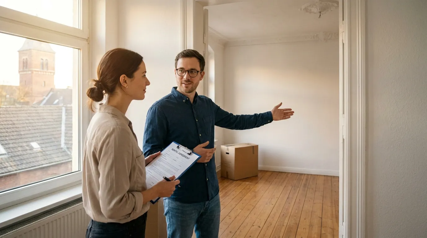 Wohngemeinschaft besichtigt frei gewordenes Zimmer für die Untervermietung nach dem Auszug eines Mitmieters