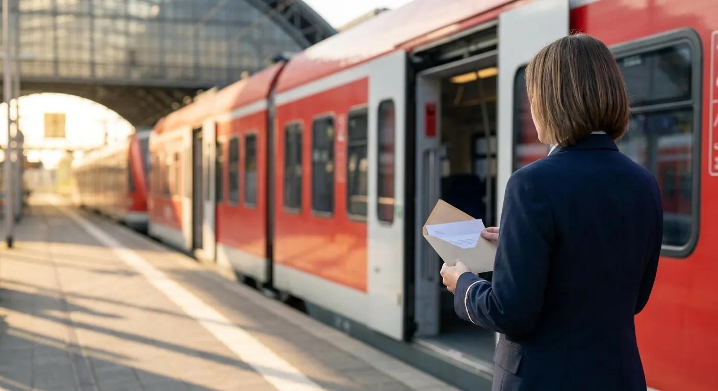Kundenbetreuerin in Dienstkleidung auf einem Bahnsteig neben einem Nahverkehrszug