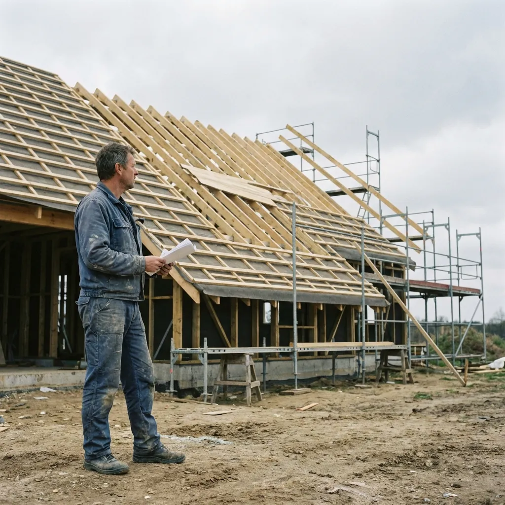 Handwerker auf Baustelle, unfertiges Dach, symbolisiert mangelhafte Leistung und Vergütungsanspruch