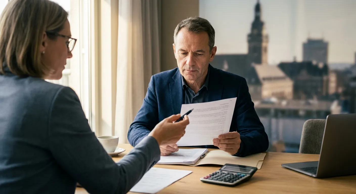 Geschäftsführer prüft mit seinem Berater ein anwaltliches Schreiben zum Verjährungsverzicht am Besprechungstisch