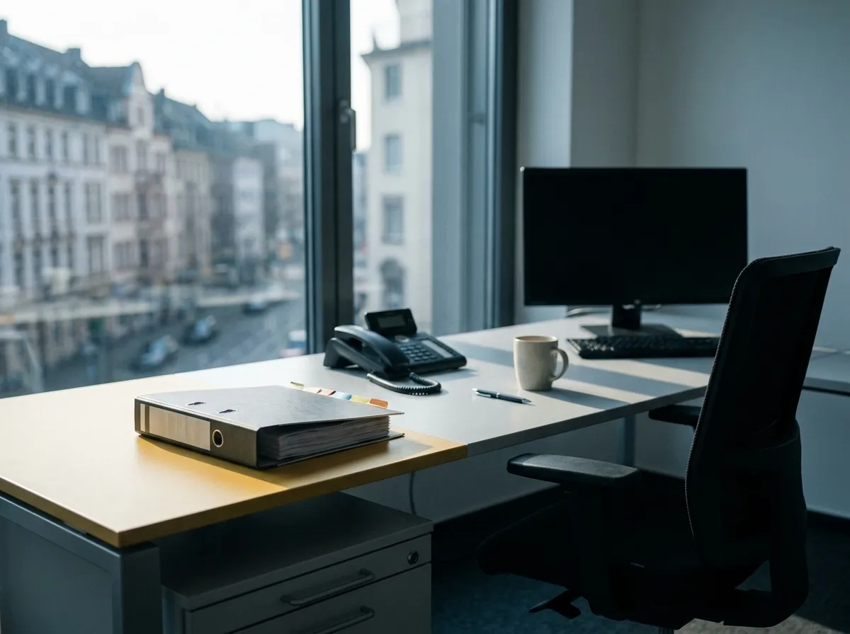 Leerer Schreibtisch mit geschlossenem Kontoauszugsordner in einem Büro